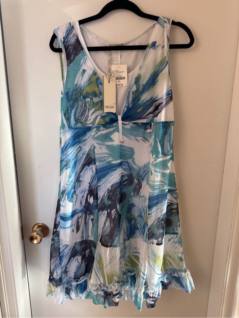 Dolcezza XL NWT Abstract Watercolour Blue Green Sleeveless Ruffle Dress